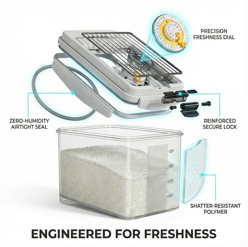 حافظة أرز محكمة الإغلاق 5 كجم – علبة تخزين طعام مع مؤقت نضارة وغطاء مغناطيسي | منظم مطبخ للحبوب - Image 4
